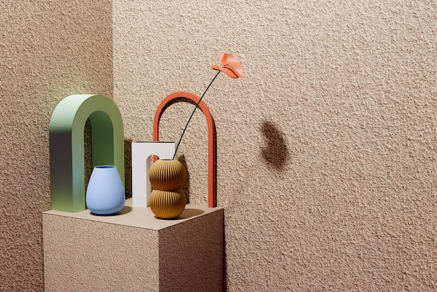 Figura geométrica de hormigón y piedras en fondo pastel con renderización 3D de flores