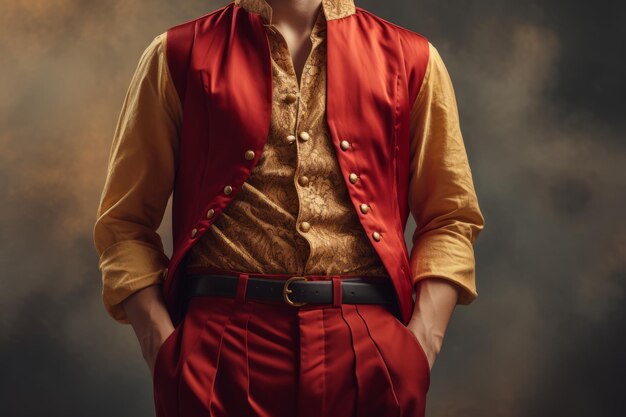 Foto figura glamurosa una persona adornada con un chaleco rojo y dorado con pantalones marrones ar 32