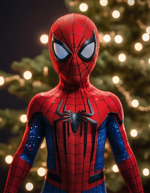 Foto una figura de hombre araña está de pie frente a un árbol de navidad