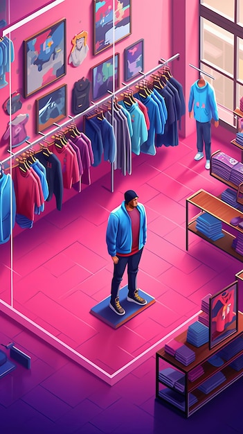 Foto figura de un hombre de pie en una tienda contra el fondo de bastidores con ropa ia generativa