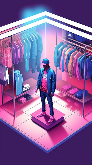 Figura de un hombre de pie en una tienda contra el fondo de bastidores con ropa IA generativa
