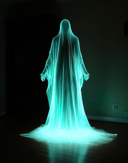 Foto la figura de un hombre con un traje oscuro está de pie en una habitación oscura con una luz verde.