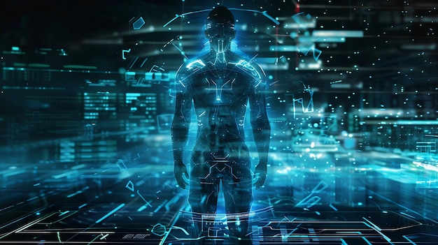 Figura humana azul brillante de pie en un espacio digital La figura está rodeada por una cuadrícula de líneas y puntos azules