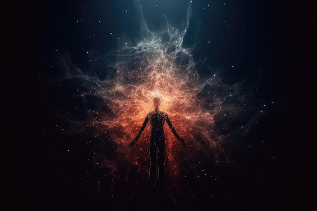 Figura humana irradiando luz O tema da dimensão astral e espiritualidade Generative AI