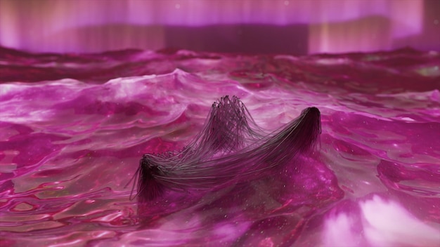 Una figura humana viva hecha de hilos transparentes flota y da señales Agua de neón rojo del mar Aurora boreal y espacio en el fondo