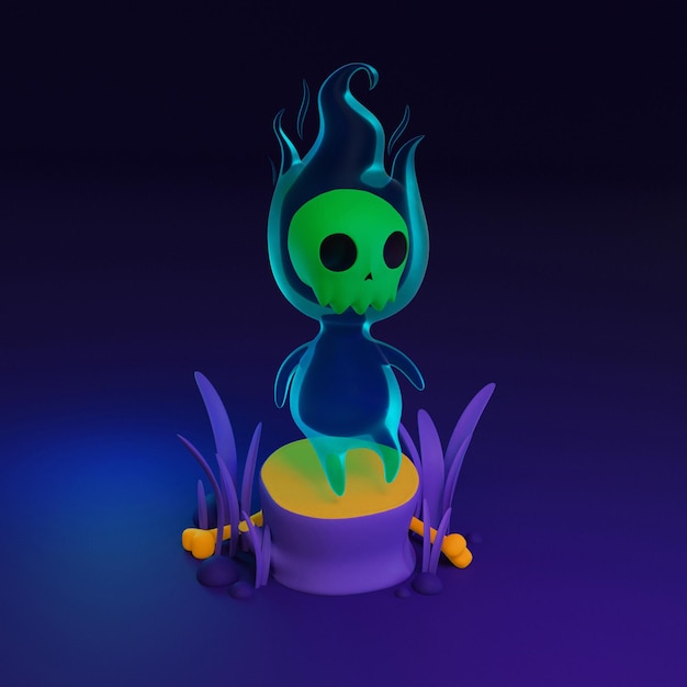 Una figura iluminada de un monstruo con una cara azul se sienta sobre un fondo morado.
