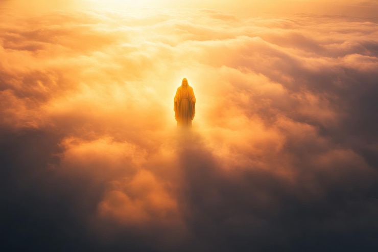 Foto una figura de jesús de pie por encima de las nubes bañado en la suave luz dorada del sol durante el amanecer