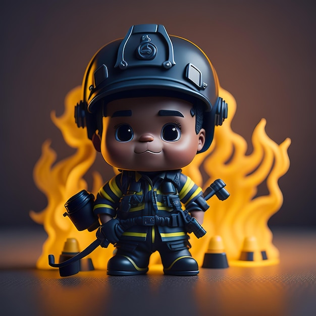 Una figura de juguete con una manguera de bomberos y un fuego en el fondo.