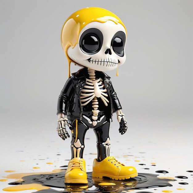 Una figura de juguete con zapatos amarillos y un cráneo en él