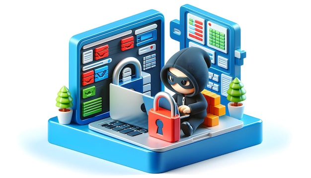 una figura de lego con una cerradura en la cabeza se sienta junto a un teclado de computadora