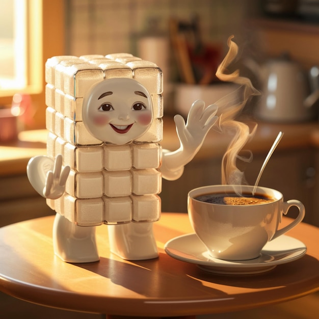 una figura de lego con una taza de café y una tazón de café