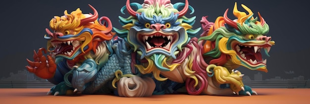 figura de león y dragón chino renderización 3D generativa ai