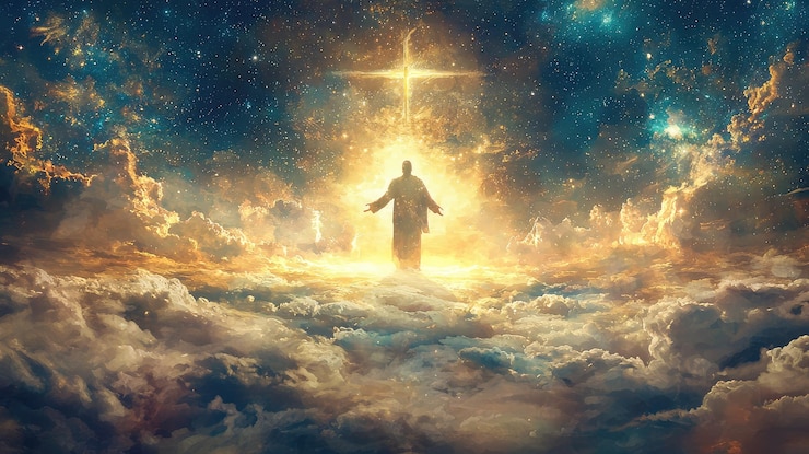 Foto una figura luminosa extiende bendiciones en una escena celestial llena de nubes y luz