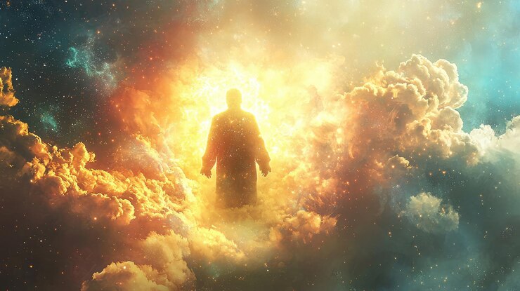 Foto una figura luminosa extiende bendiciones en medio de nubes vibrantes y luz cósmica