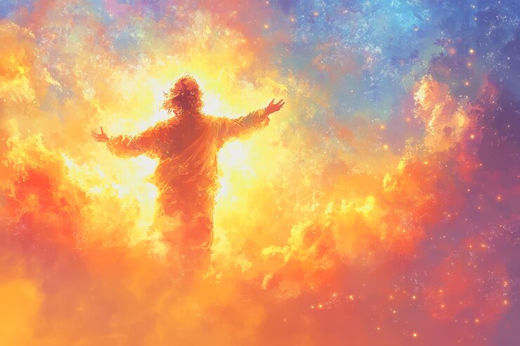 Foto figura a la luz del sol con los brazos extendidos con un fondo bokeh brillante que simboliza la fe y la esperanza