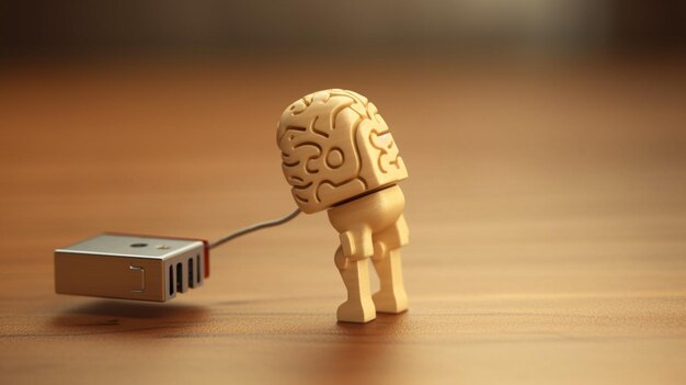 Una figura de madera de un cerebro tirado por un cable USB.