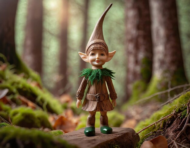 una figura de madera de un elfo de pie en el bosque