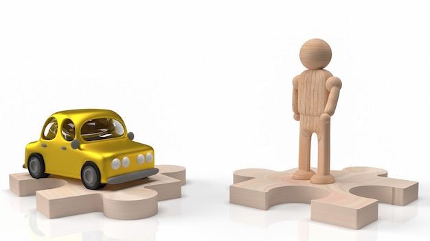 La figura de madera del hombre y el juguete del coche en la sierra de calar para el contenido del coche o transporte representación 3d