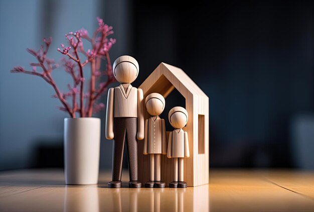 figura de madera representa la familia junto con la construcción y de pie debajo de una casa