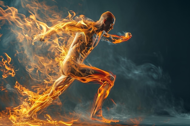 Foto figura masculina atlética corriendo en fuego concepto de fuerza energía