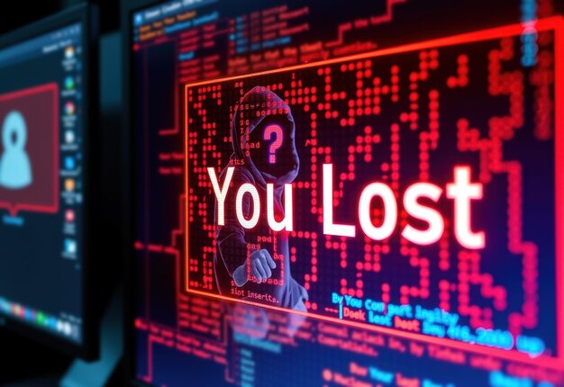 Una figura masculina mira atentamente una pantalla de computadora que muestra un mensaje rojo You Lost en medio de líneas de código que evoca una sensación de tensión y posible derrota en un escenario de ciberseguridad