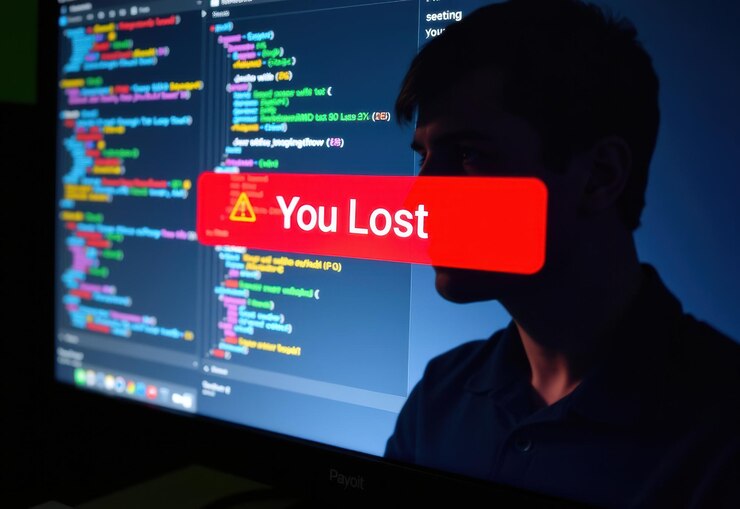 Foto una figura masculina mira atentamente una pantalla de computadora que muestra un mensaje rojo you lost en medio de líneas de código que evoca una sensación de tensión y posible derrota en un escenario de ciberseguridad