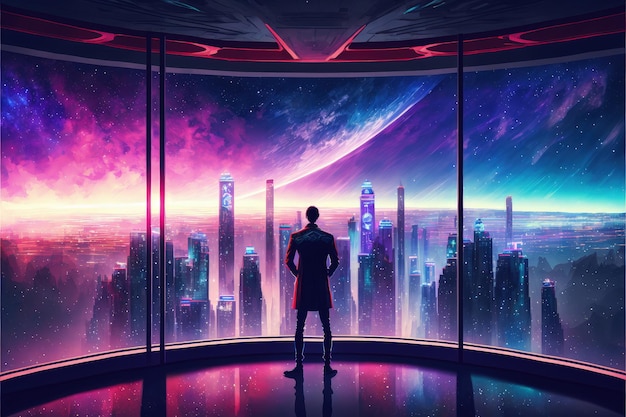 Una figura masculina mira desde un balcón y contempla una ciudad futurista iluminada por luces vibrantes Concepto de fantasía Pintura de ilustración IA generativa