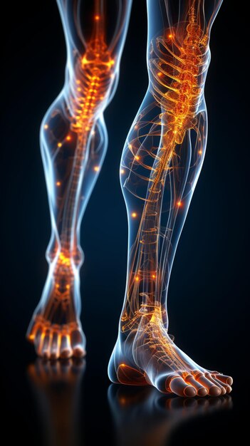 Figura médica 3D detalhada destacando ossos do joelho e tornozelo da fisiologia masculina Vertical Mobile Wal