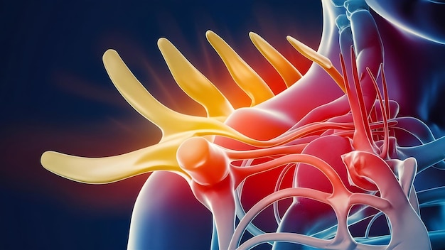 Figura médica en 3D que muestra la elevación y la depresión de la escápula