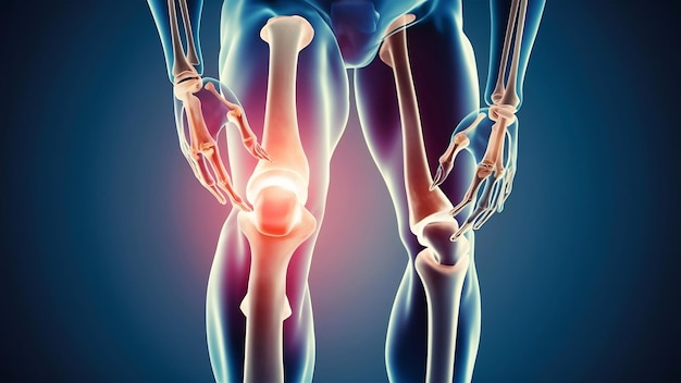 Figura médica masculina en 3D con huesos de rodilla y tobillo resaltados