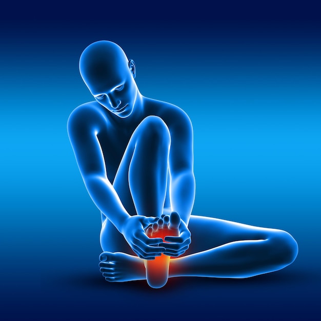 Figura médica masculina 3D segurando o pé com dor