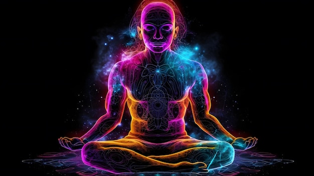 Figura meditativa em pose de lótus emite aura vibrante em meio a um cenário de energia abstrata