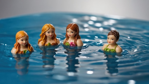 Foto figura en miniatura centrada flotando en el agua con figuras circundantes