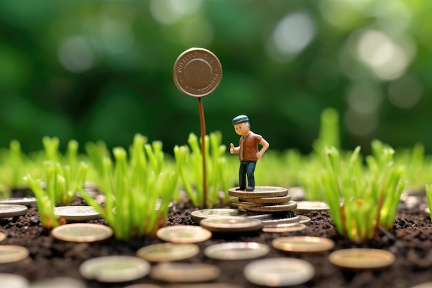 Una figura en miniatura regando un campo de monedas en posición vertical IA generativa