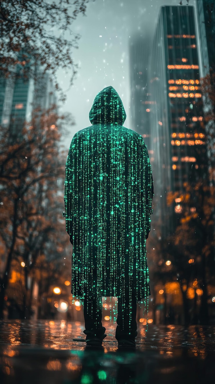 Foto una figura misteriosa con una capa brillante se encuentra en un paisaje urbano empapado de lluvia al anochecer