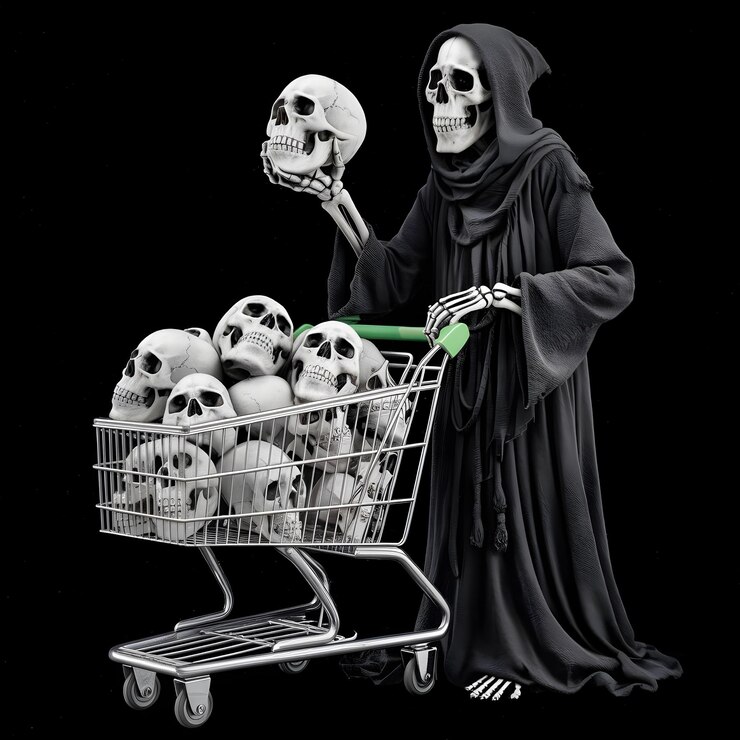 Figura misteriosa con capucha comprando calaveras pieza de arte oscura