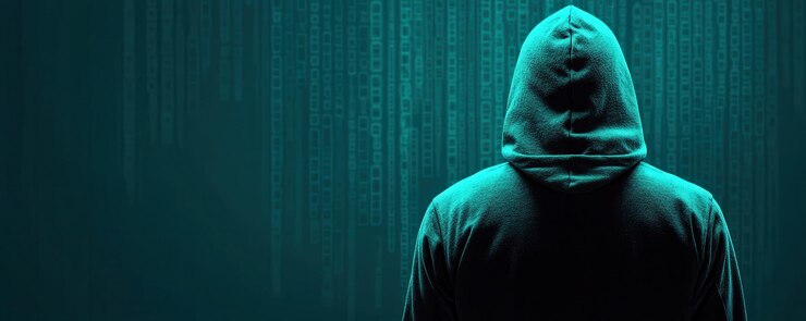 Figura misteriosa con capucha se encuentra en el telón de fondo de código digital que encarna la esencia de la piratería informática y la atmósfera de ciberseguridad es tensa e intrigante destacando el mundo de la tecnología y