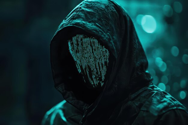 Una figura misteriosa con una chaqueta con capucha y una cara hecha de código digital