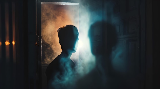 Figura misteriosa de pé em uma porta envolta em sombra e nevoeiro silhueta humorística e atmosférica com um senso de intriga IA ideal para temas de suspense