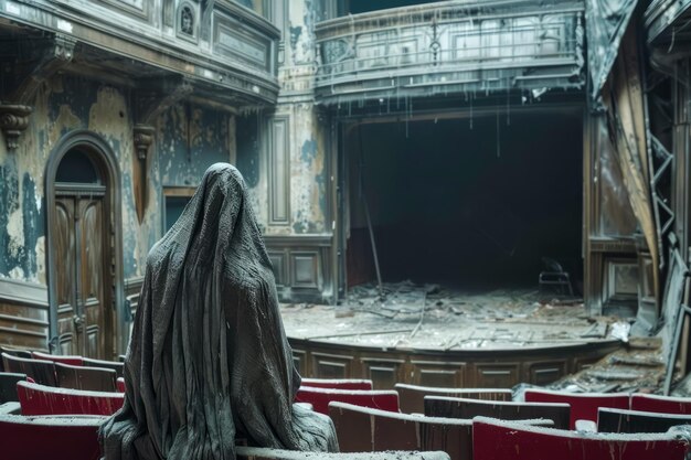 Figura misteriosa envolta sentada num teatro de ópera abandonado com ruínas empoeiradas e uma luz fraca
