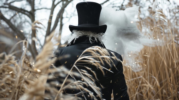 Una figura misteriosa en un sombrero y abrigo largo se encuentra con la espalda a la cámara cara oscurecida por un