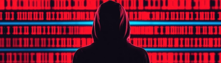 Foto figura misteriosa con sudadera con capucha se encuentra contra un telón de fondo digital rojo vibrante evocando una sensación de intriga y secreto en el mundo de la piratería y la tecnología