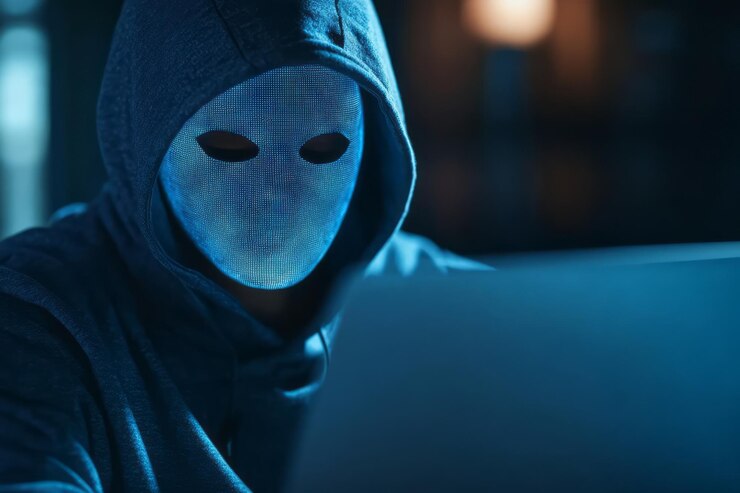 Foto figura misteriosa con una sudadera con capucha usando una computadora portátil iluminada por luz azul en una habitación oscura