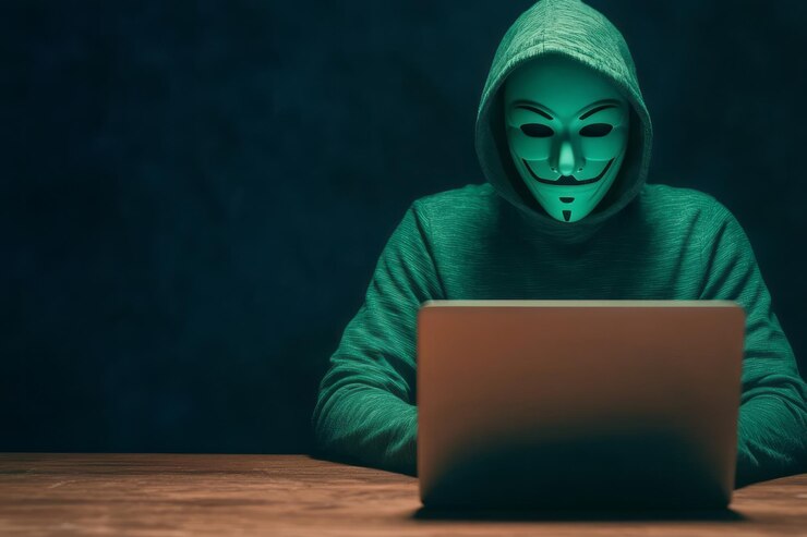 Foto figura misteriosa con una sudadera con capucha usando una computadora portátil mientras lleva una máscara verde a poca luz