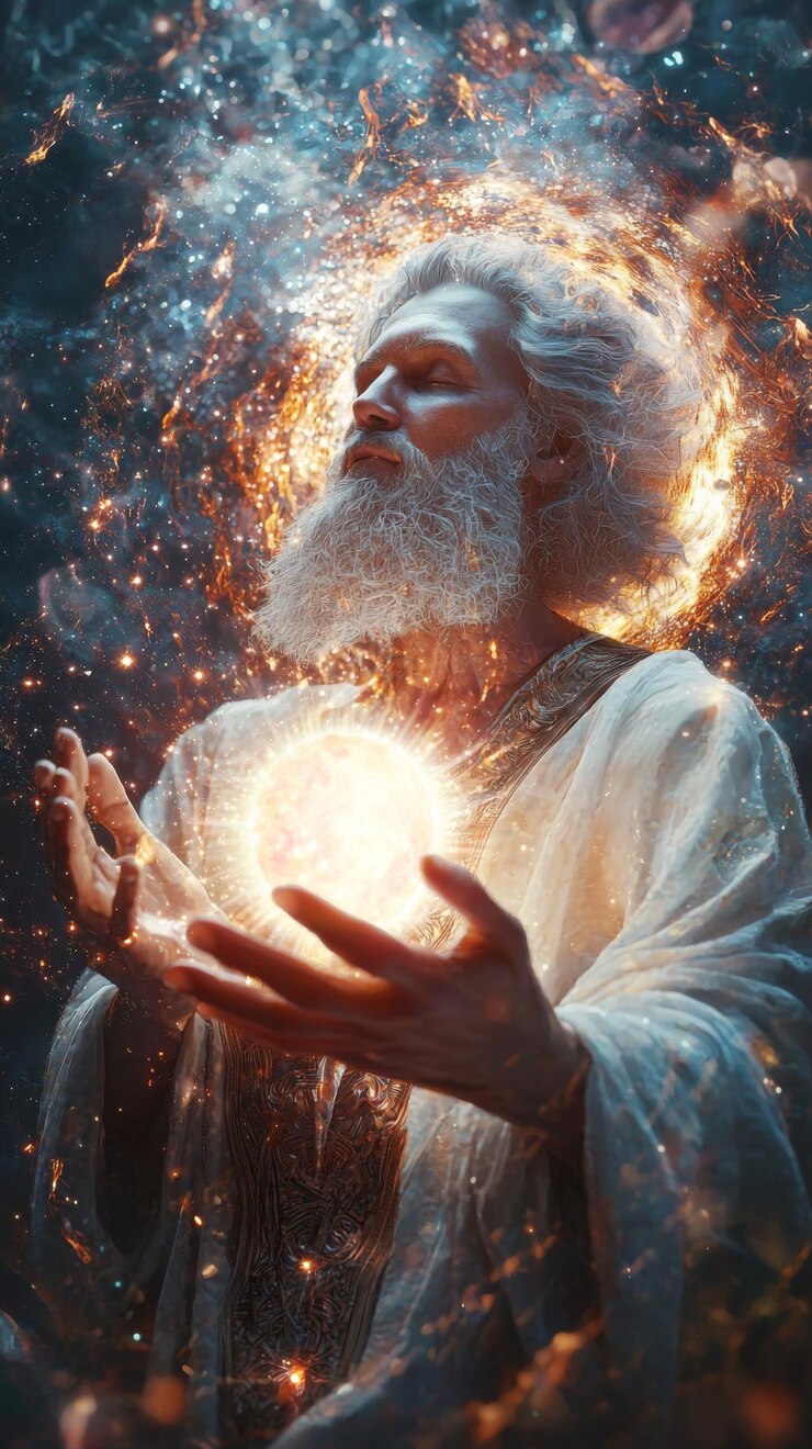Foto una figura mística canaliza la energía cósmica en un vibrante paisaje celestial