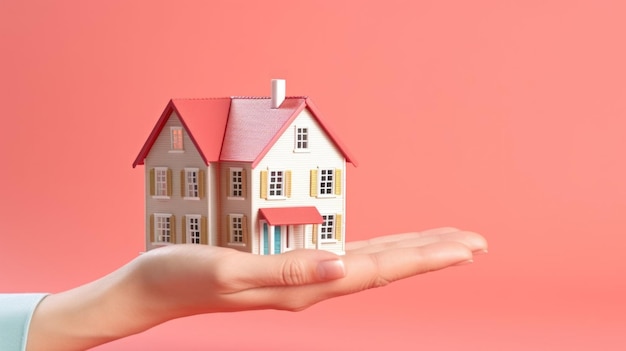 Figura de una mujer con la mano sosteniendo una casa en un fondo de color aislado