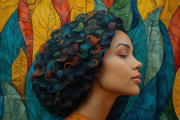 Figura de una mujer en perfil representada como un mandala un paisaje dibujando colorido y hermoso de nuevo