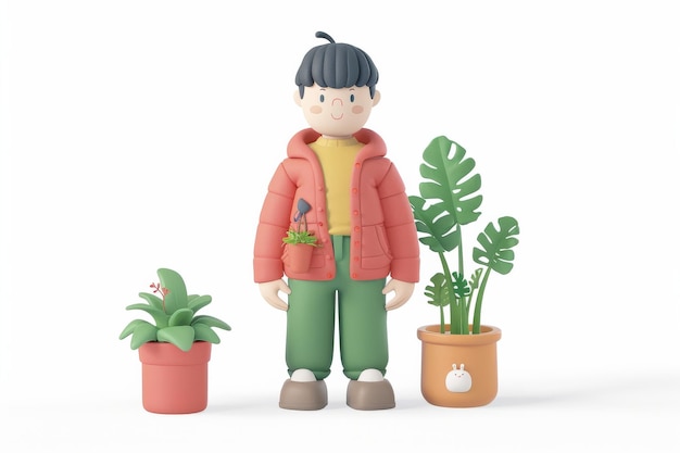 Figura de un niño de pie junto a una planta en olla