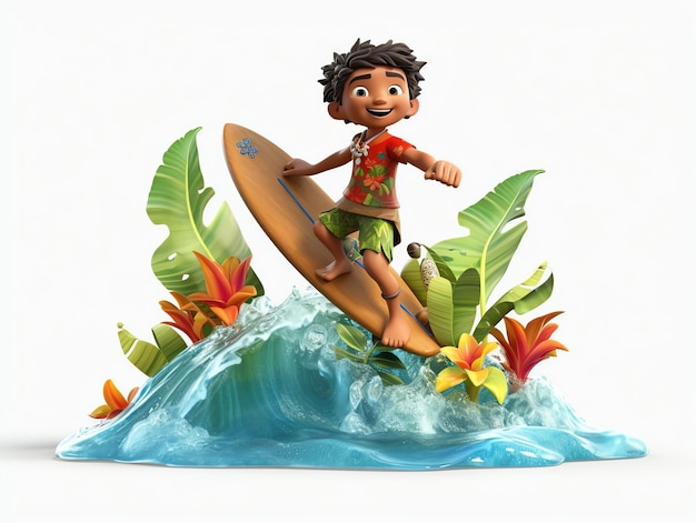 Una figura de un niño surfeando en una ola.