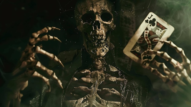 Una figura oscura y misteriosa con una capa destrozada sostiene una sola carta de juego en sus dedos óseos